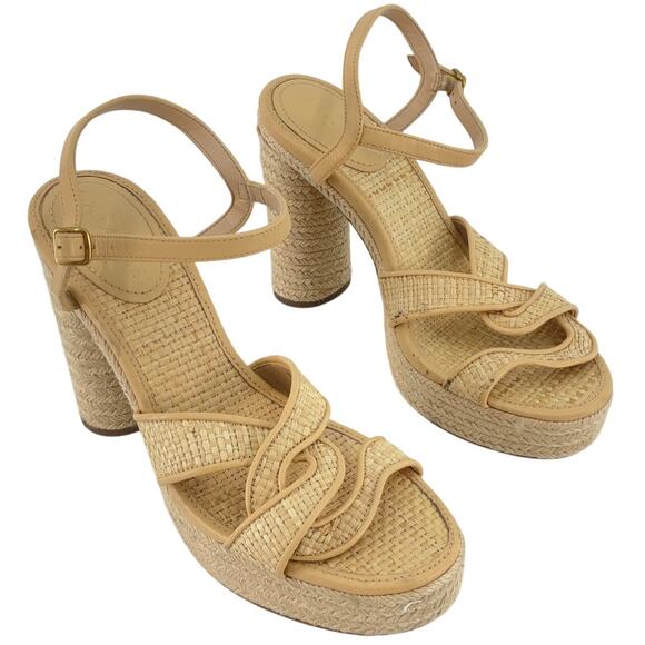 Coach Tan Leather Raffia Platform Talina Sandals Women’s Size 9 Pre-Owned - Picture 1 of 6